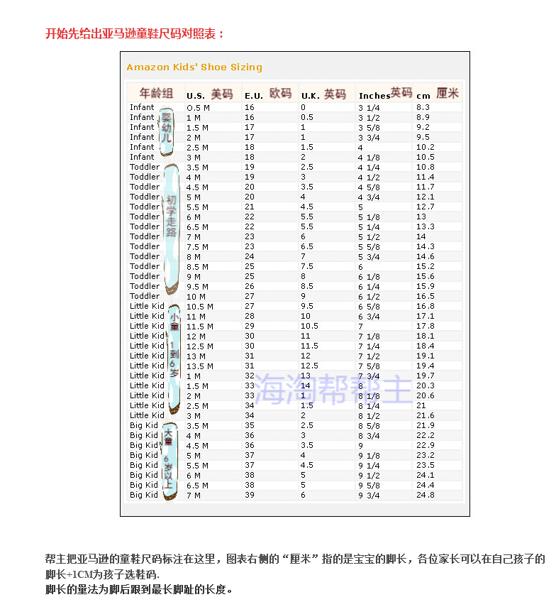 童鞋鞋码对照表