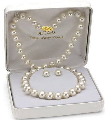 14K Yellow Gold 8-9mm White Freshwater Pearl Necklace 14k黄金8-9毫米白色淡水珍珠项链+耳钉套装