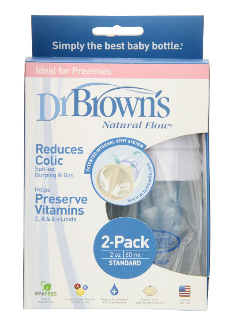布朗博士新生儿,慢速流宽口奶瓶2-ounce2只装,带奶嘴瓶盖