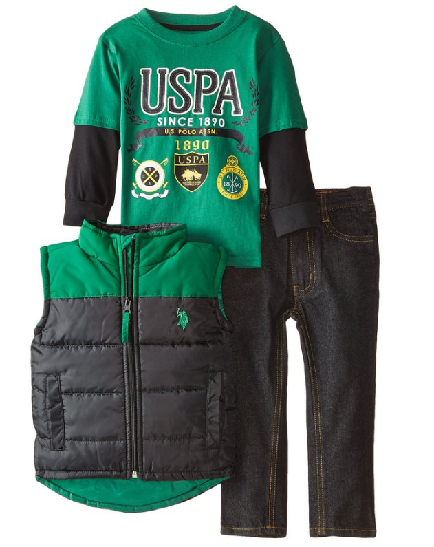 8折码好价！U.S. Polo Assn.马球协会男童夹棉马甲T恤牛仔裤三件套