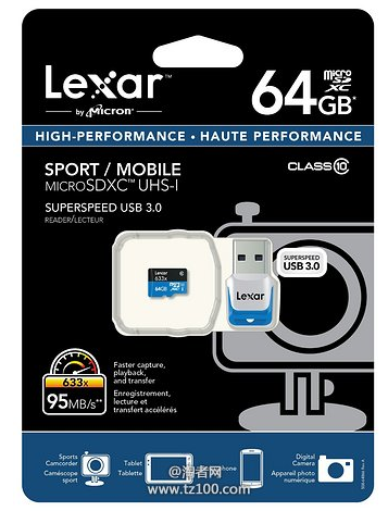 雷克沙 Lexar TF microSDHC 633x UHS-I 64GB高速存储卡（95M/S）$36.99，直邮到手约合246元（再降$3，价格新低，直邮总共$39.08）