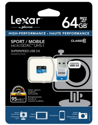 雷克沙 Lexar TF microSDHC 633x UHS-I 64GB高速存储卡（95M/S）$39.95，直邮到手约合264元（历史低价）