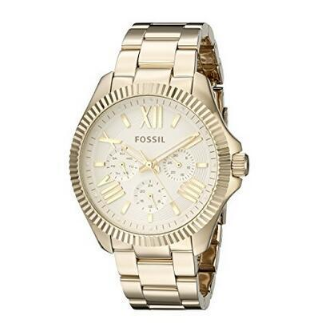 金盒特价！Fossil AM4570 Cecile Gold-Tone 化石三眼计时女表