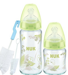 【中亚】德国 NUK 宽口 玻璃 奶瓶套装 配硅胶防胀气奶嘴(120ml+240ml玻璃奶瓶+奶瓶刷奶嘴刷)绿色