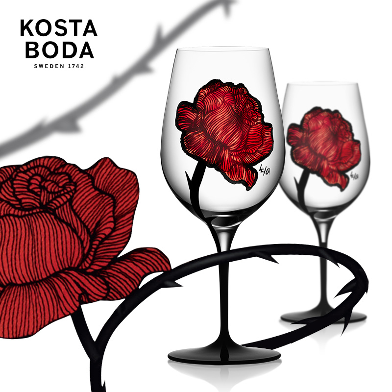 低于黑五！#亚马逊海外购#Orrefors Kosta Boda Tatto烙印系列 彩绘玫瑰花水晶玻璃红酒杯*2个​